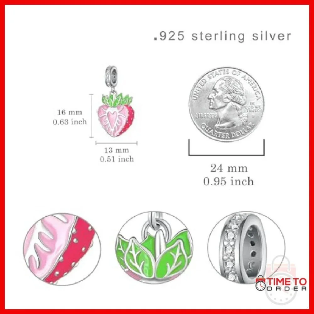 925 Sterling Silver Strawberry Charm for Bracelets, 16x13mm, Hypoallergenic